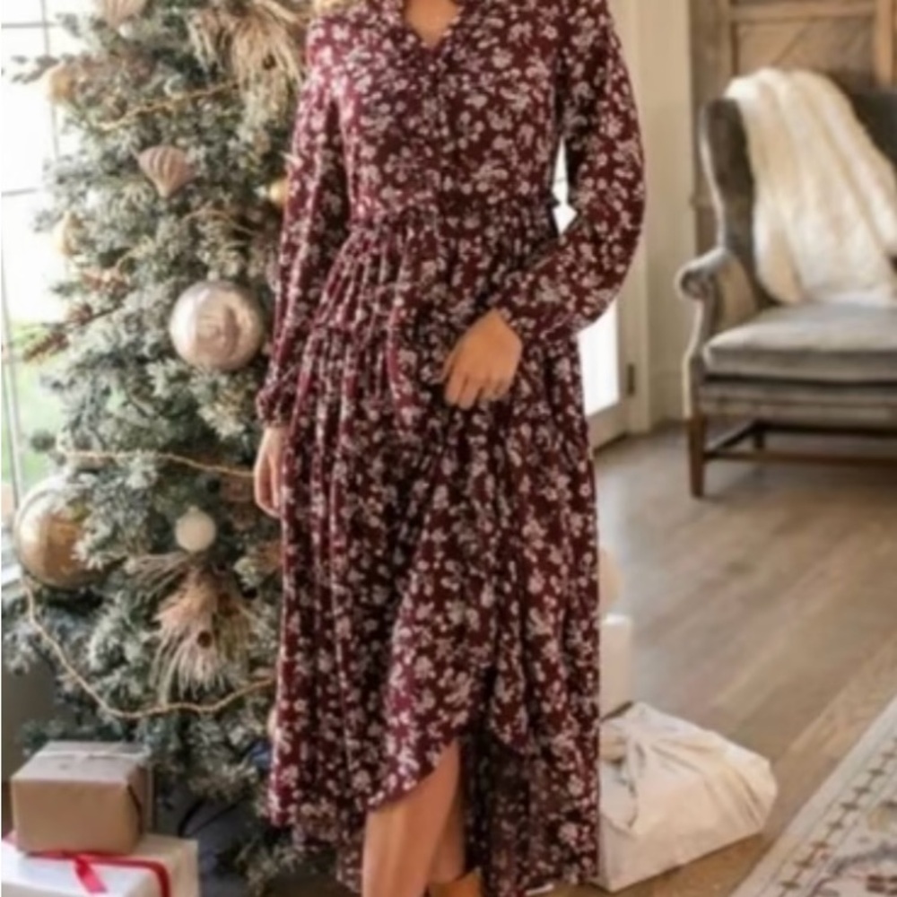 Elegant Burgundy Floral Long Sleeve Dress